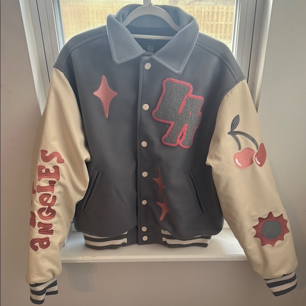 Trendy Gray and Cream Varsity Jacket with Pink Details